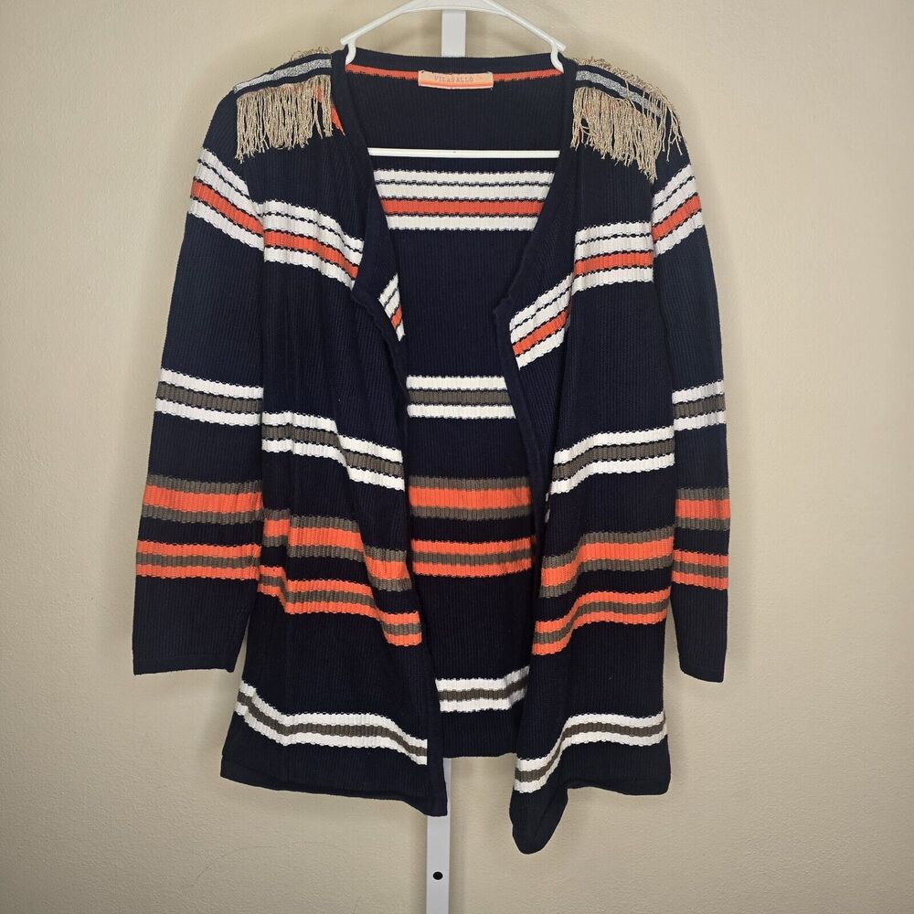 Vilagallo Navy Blue Multicolor Stripe Open Front Cardigan Fringe Shoulder S/M